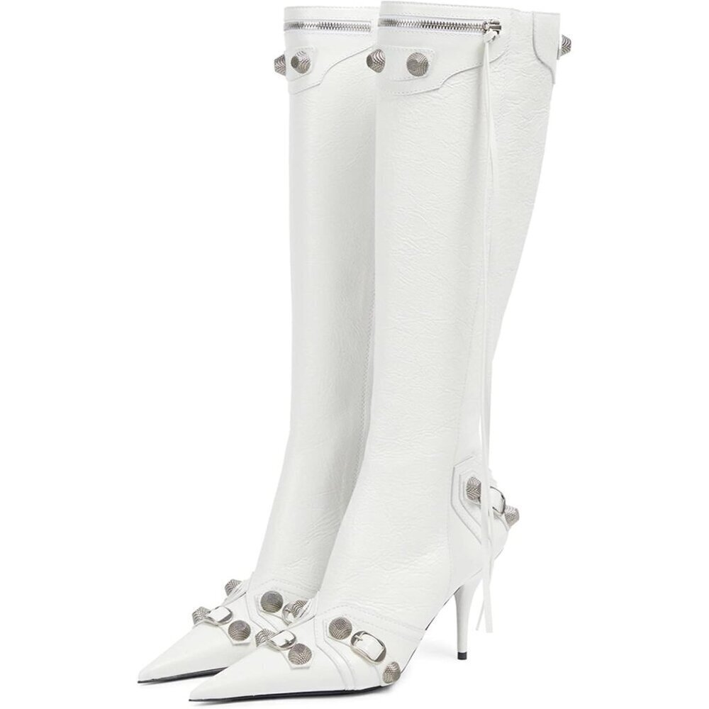 🆕Womens Faux Leather White Stiletto Knee High Pointed Toe High Heel Zipper Boot